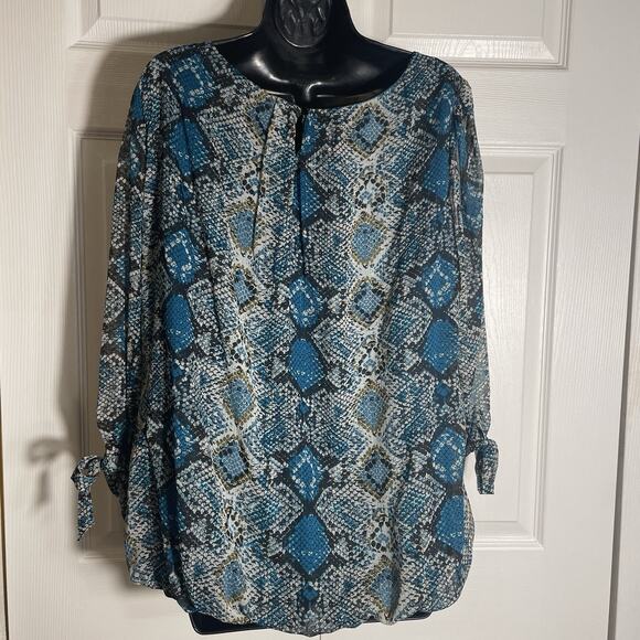 Sara Michelle Shirt Women 2X Blue‎ Gray Snake Print Flowy Sheer Lined Pullover - Picture 3 of 11